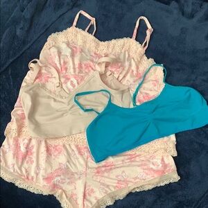 Floral Lace Sleepwear Set with Blue Bralette